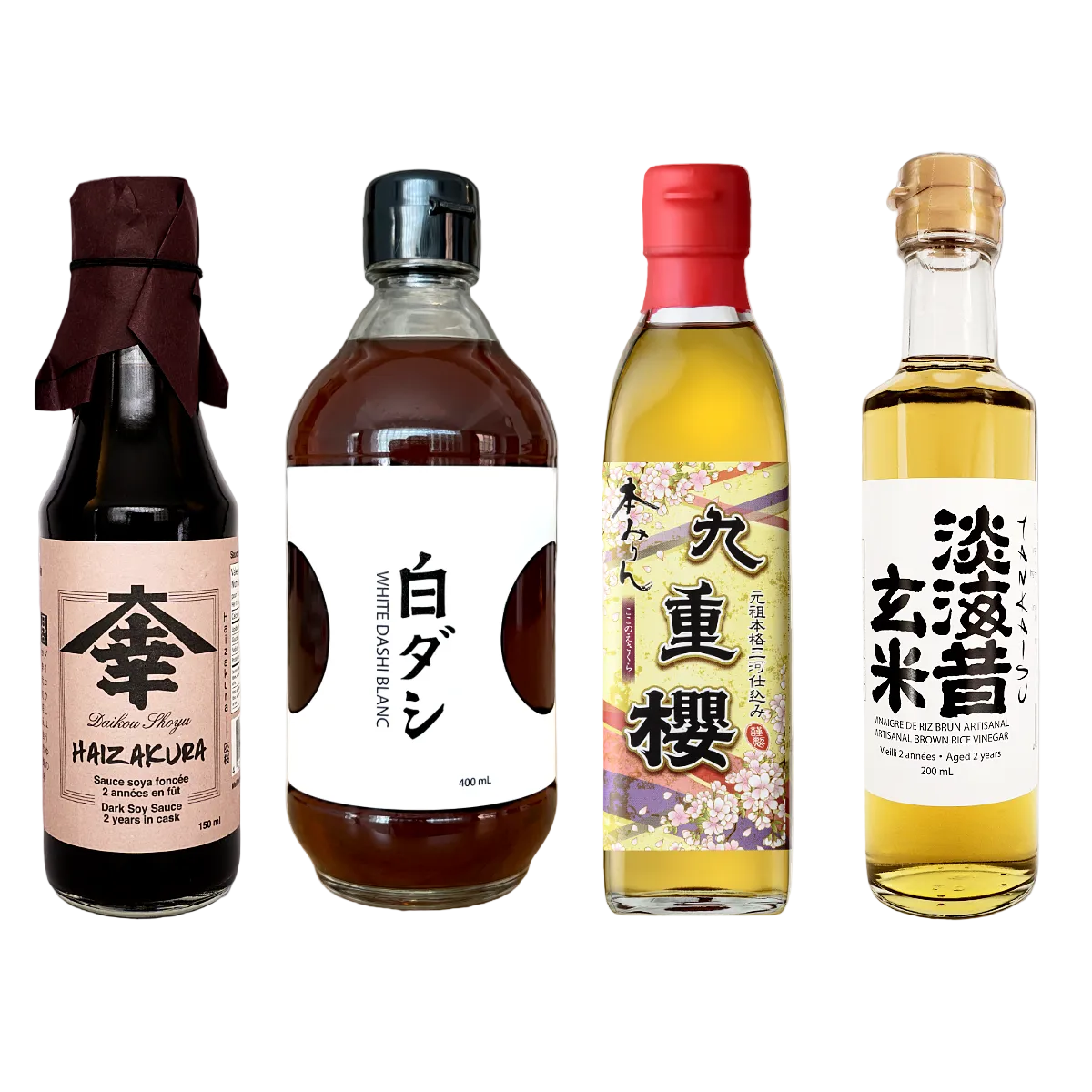 4-bottle Essential Kit with haizakura, Shiro Dashi, Hon Mirin and Genmai Su