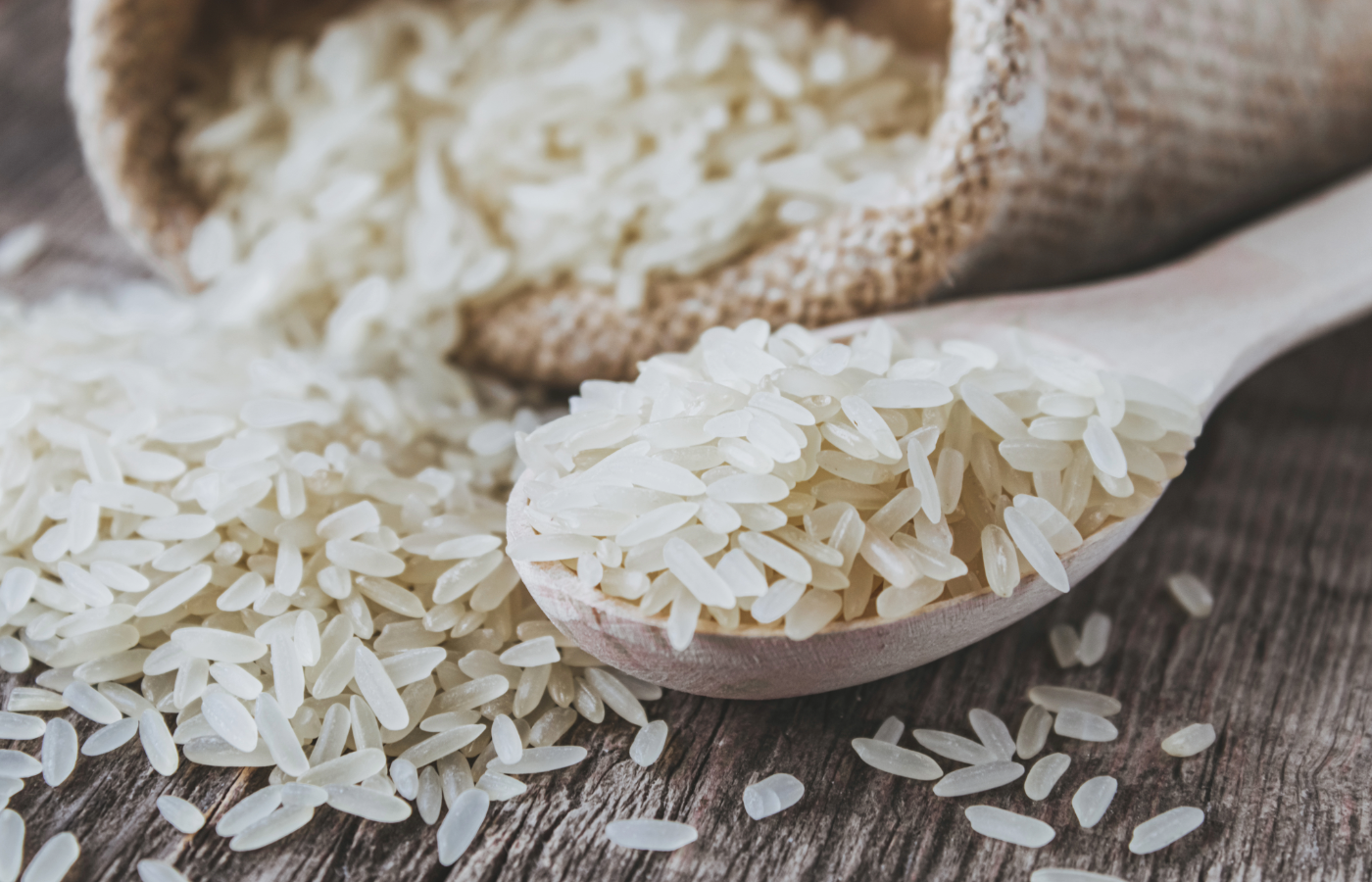 Rice grains spreading out of a jute bag and on a wooden spoon