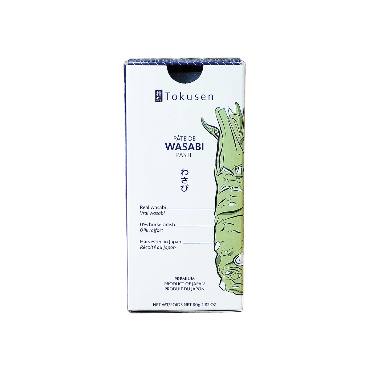 Frontal view of an 80 g wasabi paste tube in its box