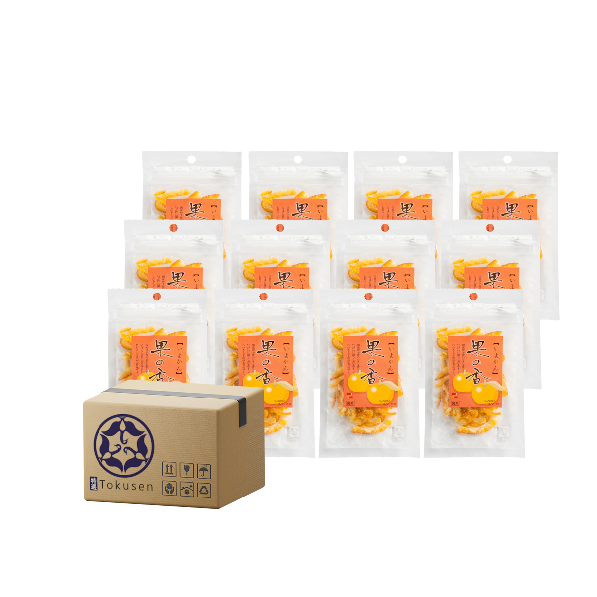 12 bags of candied iyokan peels next to a parcel box